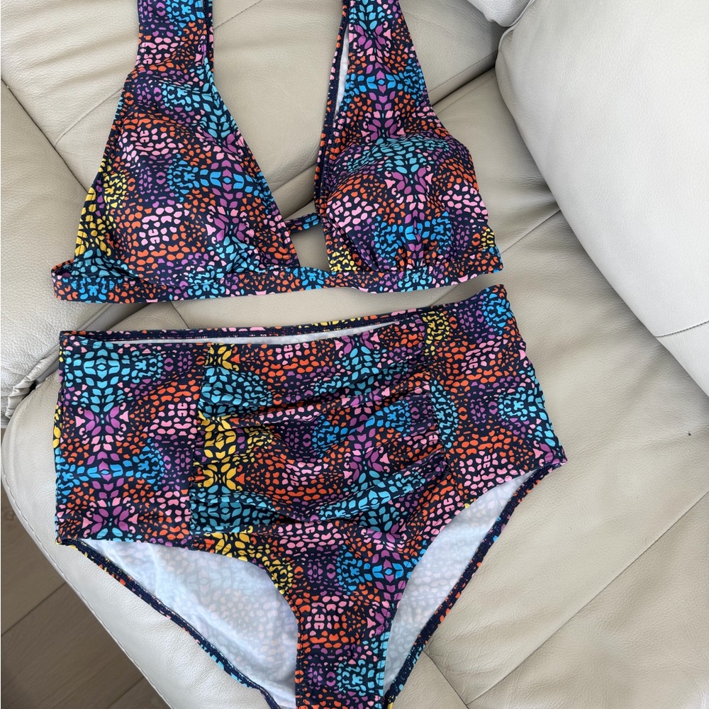 Multicolor High-Waist Bikini Set - Vibrant Mosaic Print